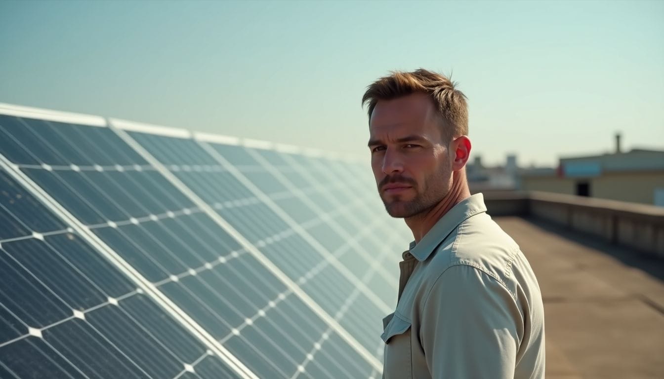 A man inspects tilted, weathered solar panels on a dusty rooftop. A man inspects tilted, weathered solar panels on a dusty rooftop.