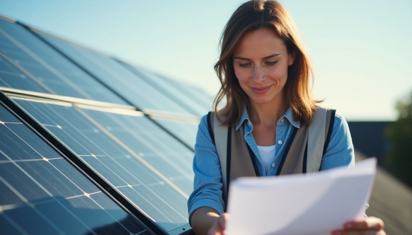 A woman in her 40s inspects a solar panel on a rooftop. A woman in her 40s inspects a solar panel on a rooftop.