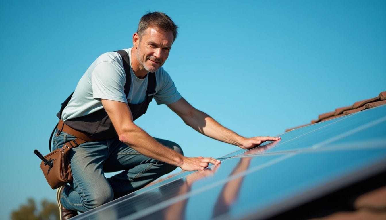 A man in his 40s performing maintenance on solar panels. A man in his 40s performing maintenance on solar panels.