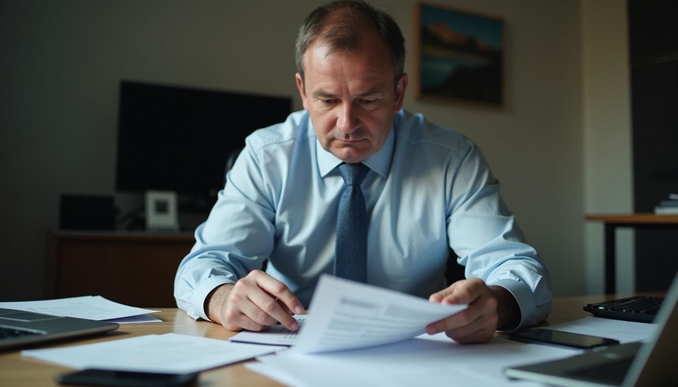 A middle-aged businessman is calculating tax benefits for his solar business. A middle-aged businessman is calculating tax benefits for his solar business.