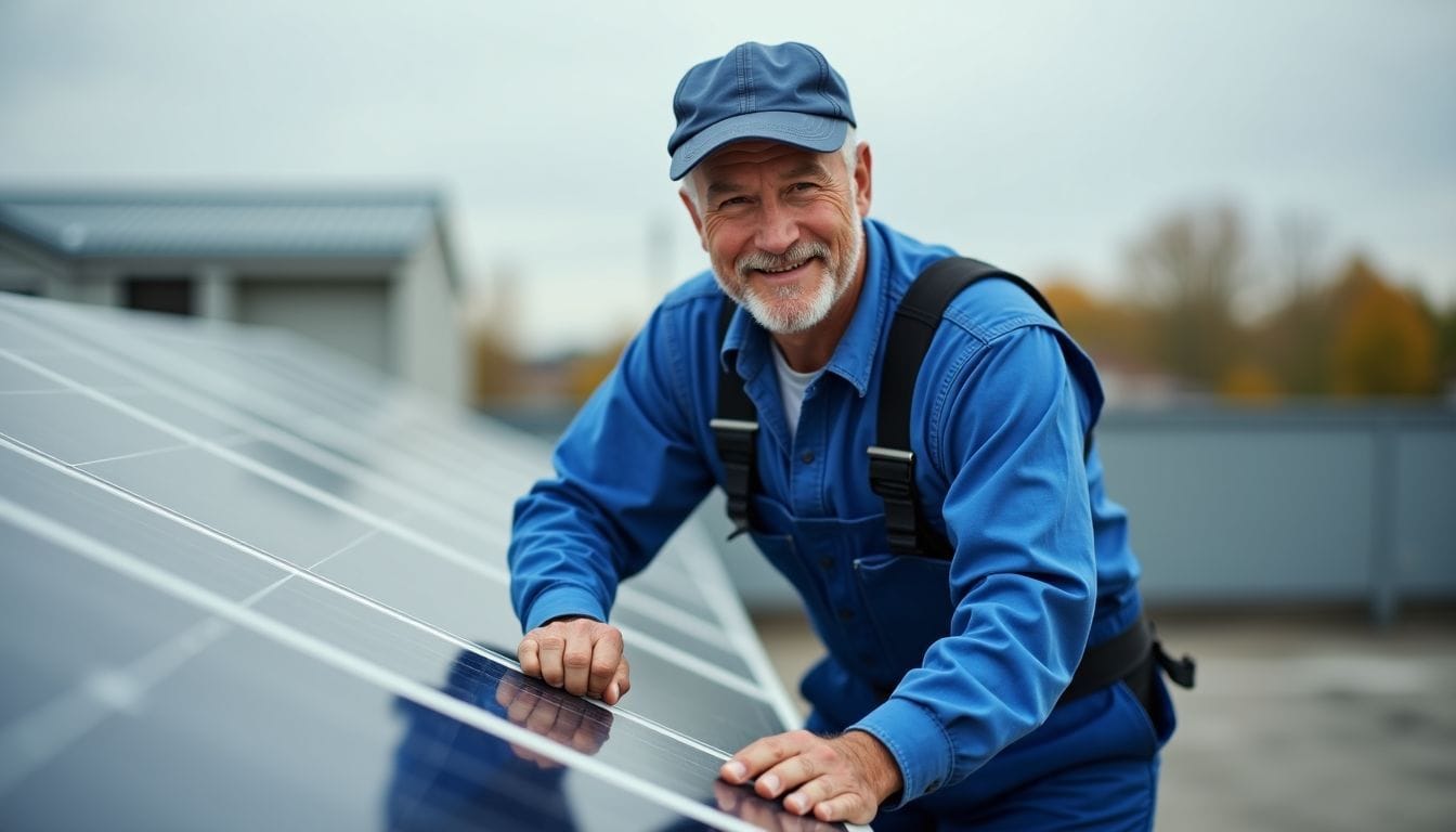 A middle-aged man installing solar panels on a warehouse rooftop. A middle-aged man installing solar panels on a warehouse rooftop.