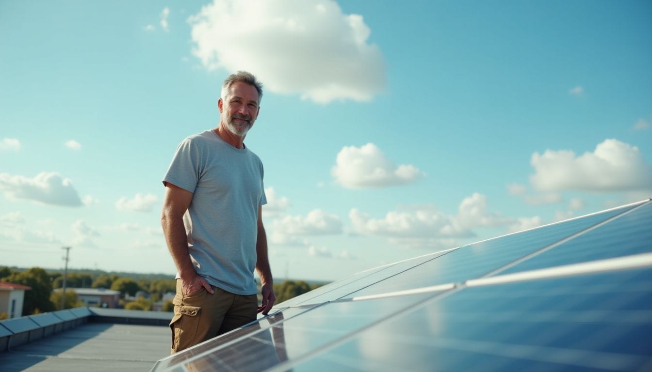 A middle-aged man installing solar panels on a rooftop under a sunny sky. A middle-aged man installing solar panels on a rooftop under a sunny sky.