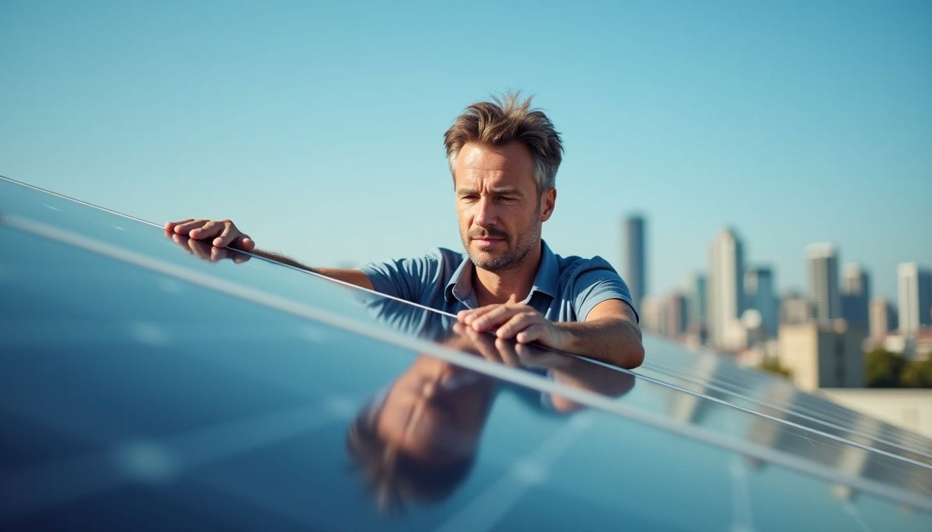 A man inspects commercial solar panels on a city rooftop. A man inspects commercial solar panels on a city rooftop.