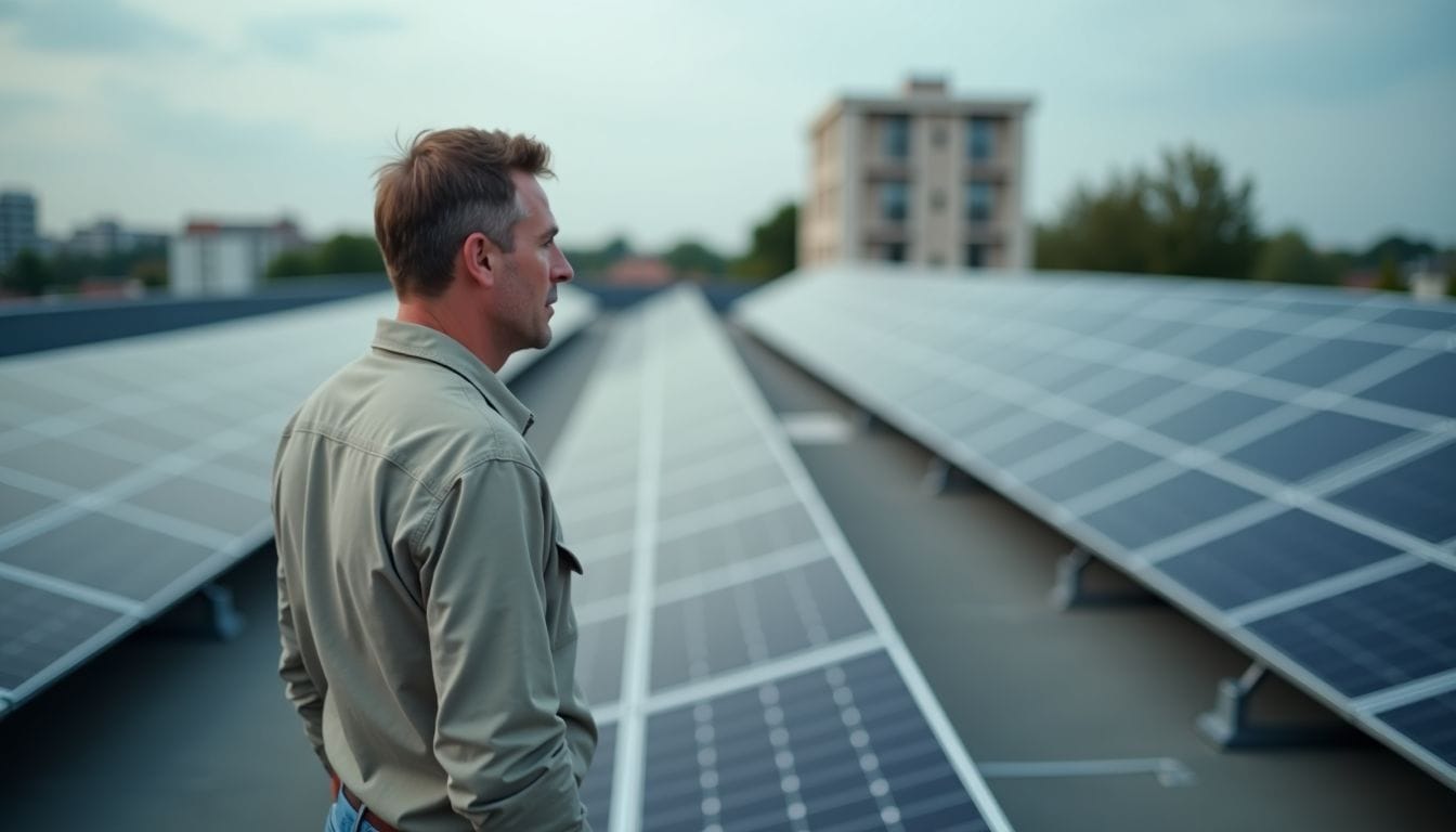 A man examining commercial solar panels on a rooftop. A man examining commercial solar panels on a rooftop.