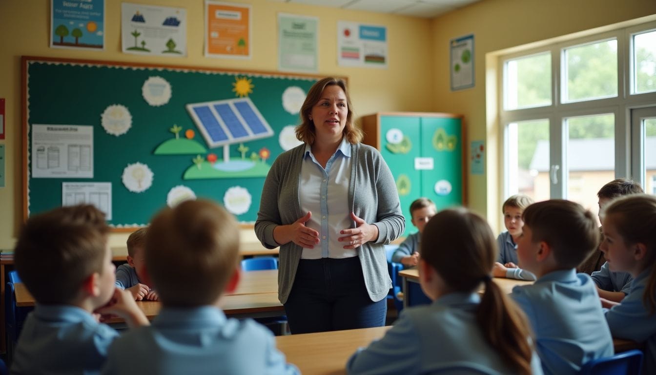A teacher explains solar energy to students in a primary school. A teacher explains solar energy to students in a primary school.
